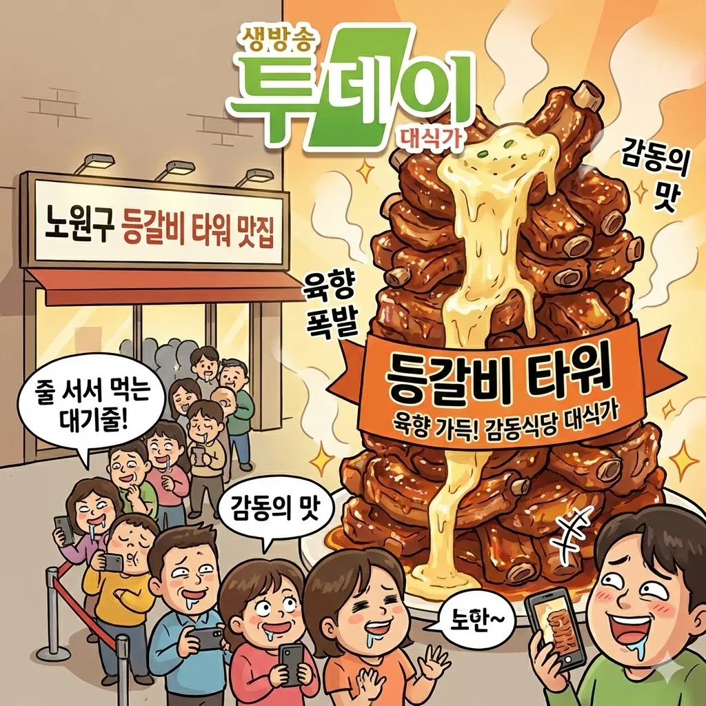 생방송 투데이 노원구 등갈비 타워 맛집 위치, 줄 서서 먹는 육향 가득 등갈비 타워 감동식당 '대식가'