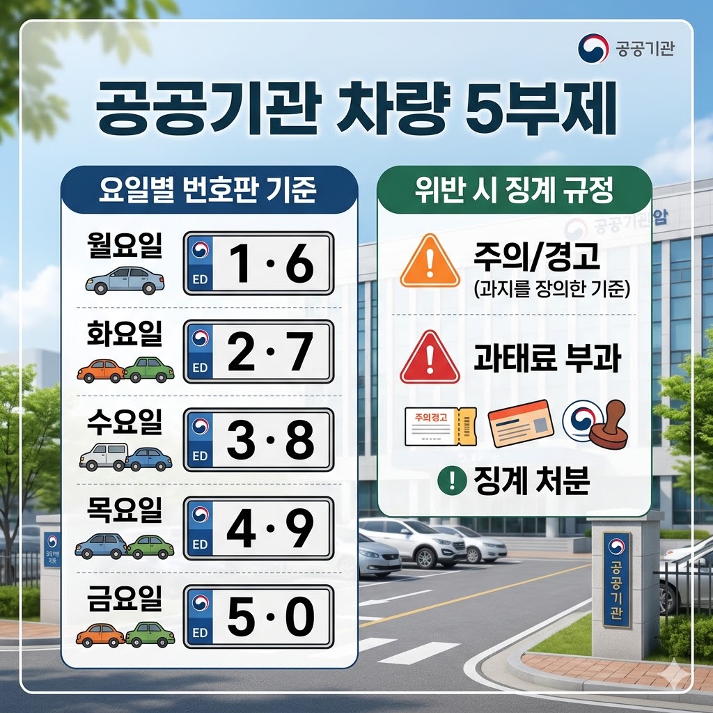 공공기관 차량 5부제 요일별 번호판 기준 및 위반 시 징계 규정