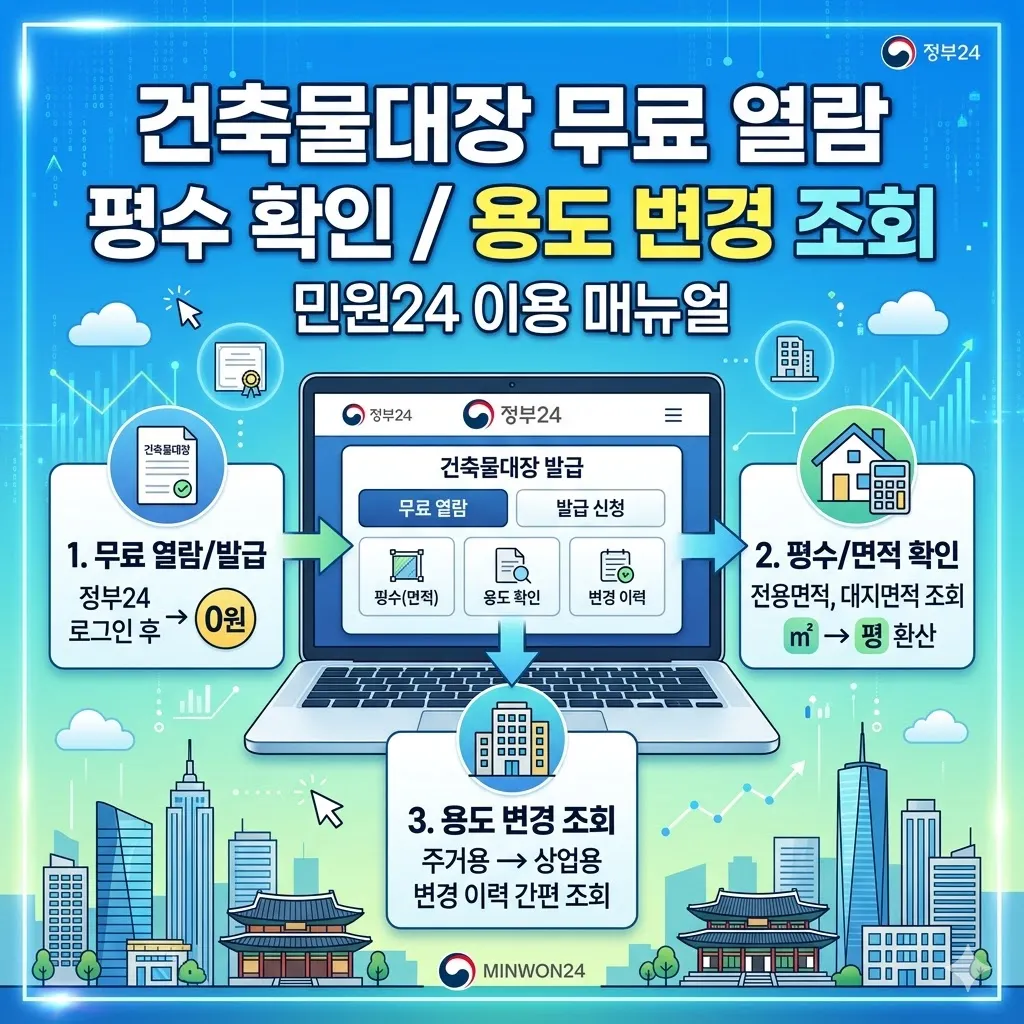 건축물대장 무료열람 민원24 평수 확인 및 용도 변경 조회 매뉴얼