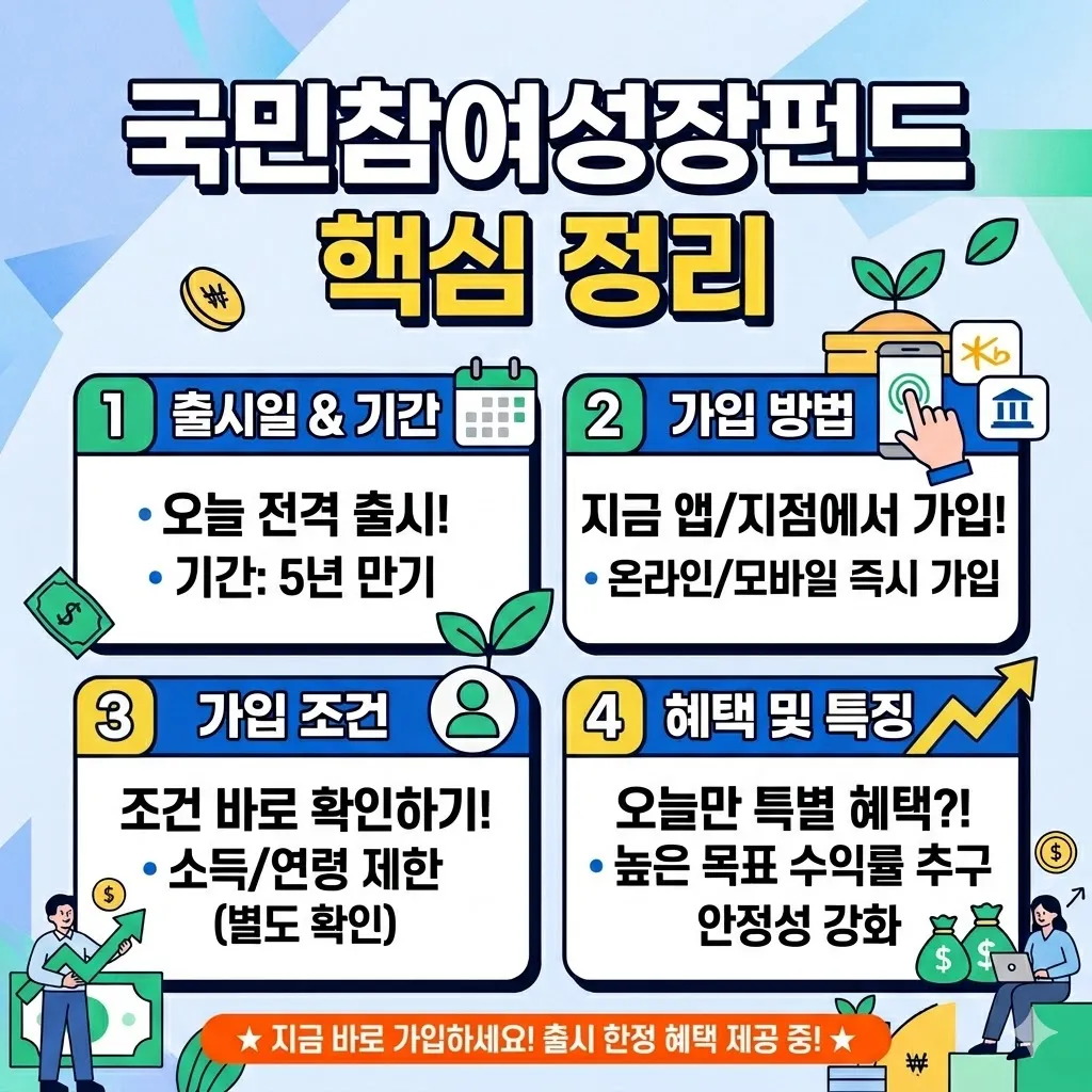 국민참여성장펀드 가입 방법 출시일 조건 은행 5년 만기 핵심 정리 위 주제로 섬네일 이미지를 정사각형 비율로 가독성 좋게 만들어줘