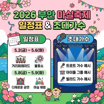 부안 마실축제 일정표 및 초대가수(2026년) 가로 400PX 세로 400PX 로 핵심 키워드만 노출해서 썸네일 식 이미지 만들어줘