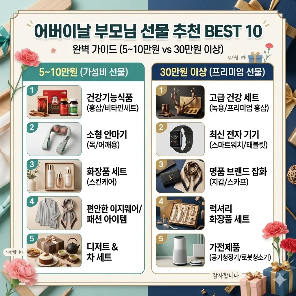 어버이날 부모님 선물 추천 BEST 10 (5~10만원 vs 30만원 이상 완벽 가이드)
