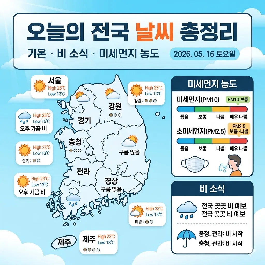 오늘의 날씨 전국 기온 및 비 소식 미세먼지 농도 총정리