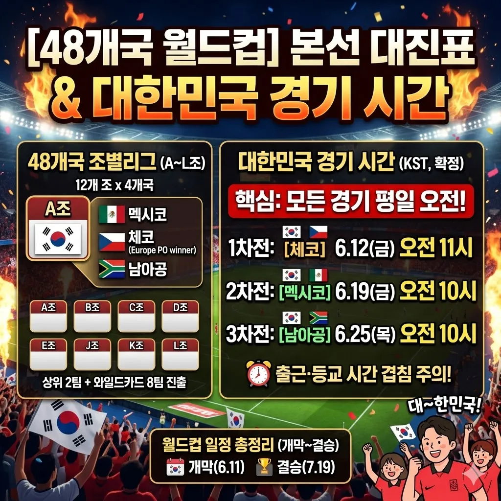 월드컵 일정 48개국 본선 조별리그 대진표와 대한민국 경기 시간