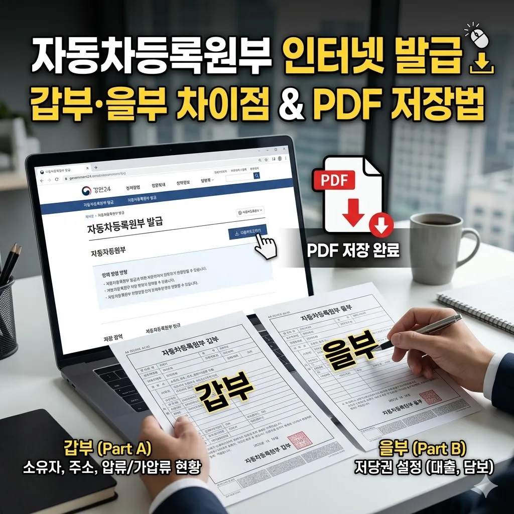 자동차등록원부 인터넷발급 갑부 을부 차이점 및 PDF 저장법