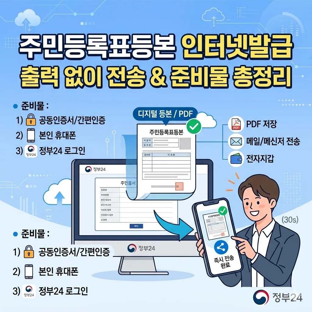 주민등록표등본 인터넷발급 출력 없이 전송하는 법 및 준비물 총정리