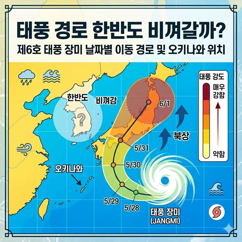 태풍 경로 한반도 비껴갈까 제6호 태풍 장미 날짜별 이동 경로 및 오키나와 위치