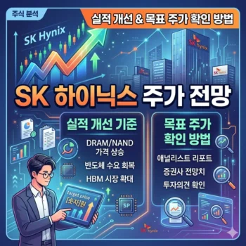 SK 하이닉스 주가 전망 실적 개선 기준 및 목표 주가 확인 방법 위 주제에 알맞는 섬네일 이미지를 정사각형 비율로 만들어줘