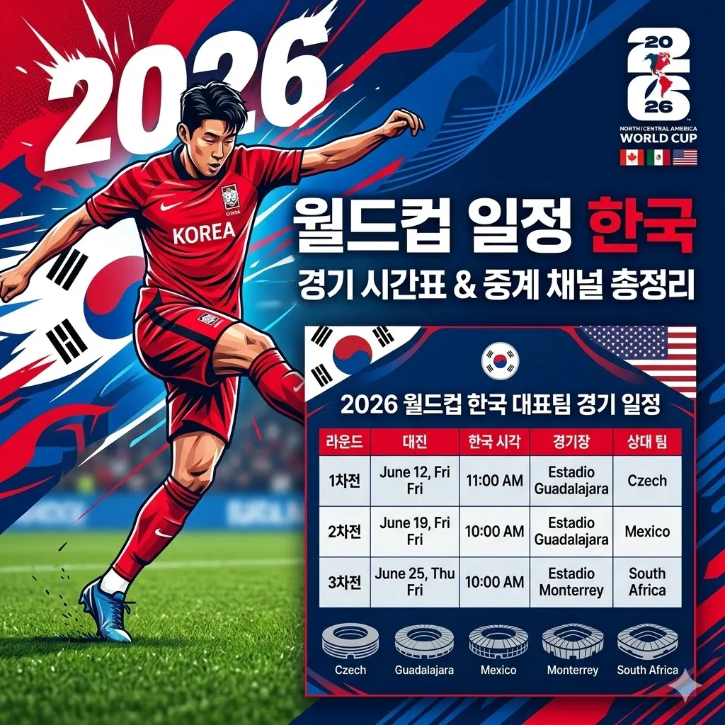 월드컵 일정 한국 경기 시간표 및 실시간 중계 채널 총정리