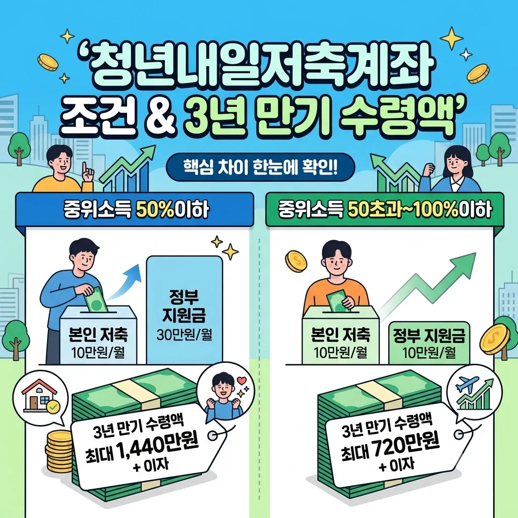 청년내일저축계좌 조건 및 3년 만기 수령액 (중위소득 50% 100% 차이)