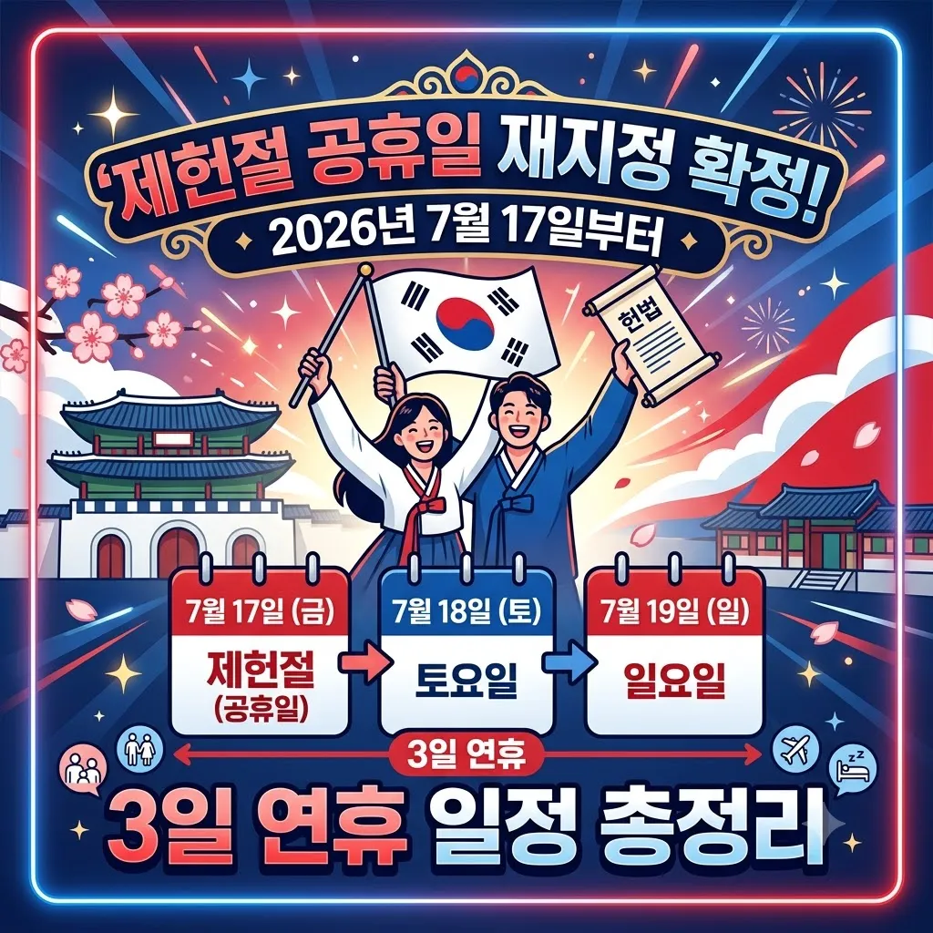 제헌절 공휴일 재지정 확정! 2026년 7월 17일 제헌절 공휴일 재지정 3일 연휴 일정 총정리